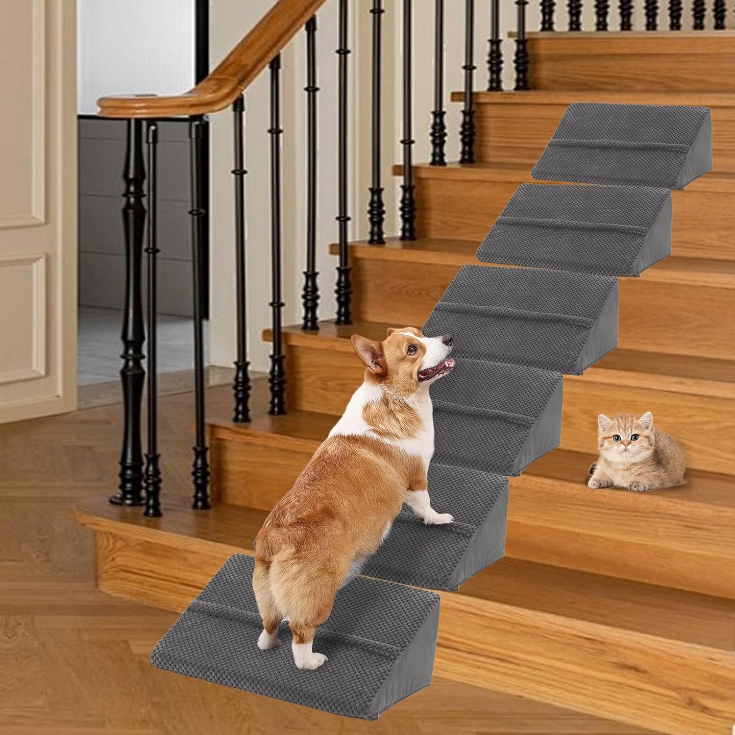 Photo 1 of LitaiL Dog Ramp for Stairs for Small & Senior Dogs and Cats, Non-Slip Foam Indoor Pet Ramp with Self-Sticky Pads, Dog Ramp for Stairs Inside House(Dark Gray, 6 Pack)