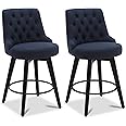 Watson & Whitely Modern Swivel Bar Stools, Performance Fabric Upholstered Counter Height Bar Stool with Back, Solid Wood Legs, 26" H Seat, Set of 2, Insignia Blue