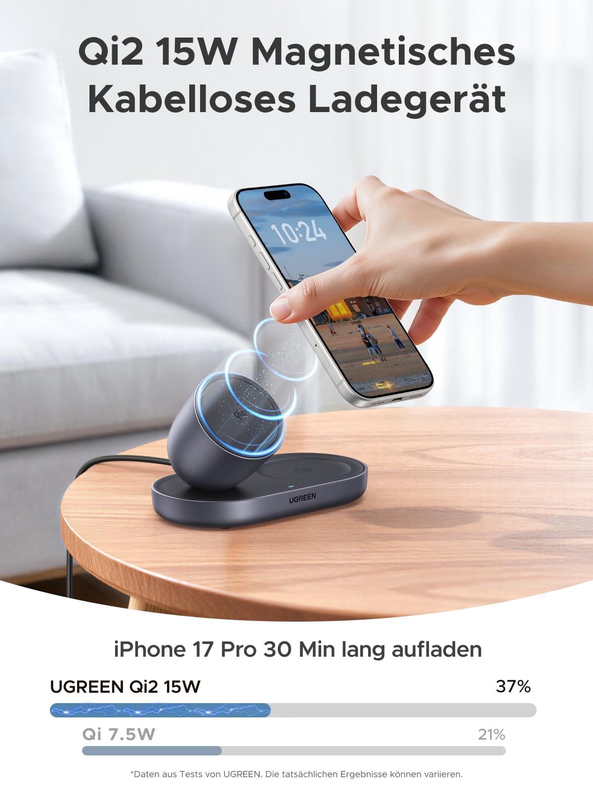 UGREEN Zapix 2-in-1 Magnetisches Kabelloses Ladegerät 15W, Qi2 zertifizierte iPhone Ladestation kompatibel mit MagSafe für iPhone 17/16/15/14/13/12 Serie & AirPods, mit 1M Kabel - Schwarz 2