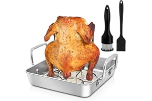 Roasting Pan with Beer Can Chicken Holder, Joyfair 9-inch Stainless Steel Square Baking Pans & Roaster Grill Racks, Great for Baking Oven BBQ Grilling Smoker, Riveted Handle & Firmly Welding