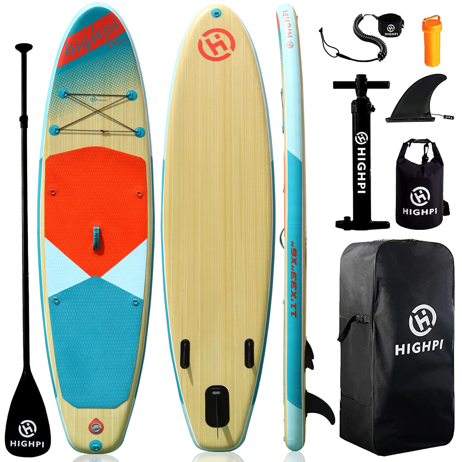 Highpi 11ft Inflatable Stand Up Paddle Board for Youth and Adults – Wide Sup with Premium Accessories, Blow Up Paddleboard for Surfing, Fishing, Yoga & More Image