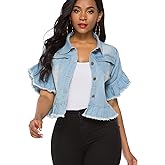 Suvimuga Women's Denim Jacket Button Down Distressed Ruffle Sleeve Crop Jean Jackets Coat