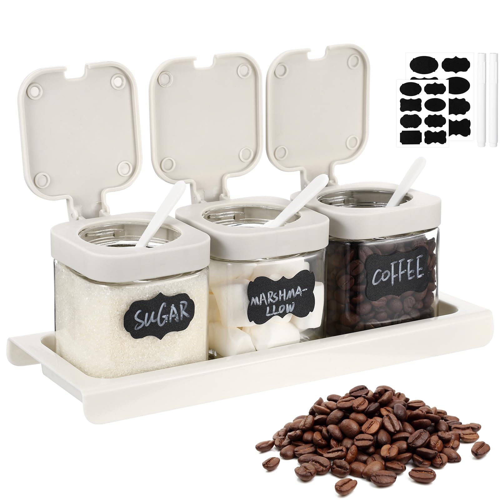 Photo 1 of Suclain 3 Pcs Glass Coffee Containers Coffee Station Organizer Set, Airtight Bean Storage Jars with Shelf,labels,spoon, Base and Pen,for Sugar, Candy, Oats, Nuts (White)