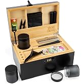 Viking Factory Large Lockable Bamboo Storage Box with Removable Tray and Combination Lock, 19-Piece Wooden Organizer Set with Jars, Accessories and Padded Interior for Personal Storage (Black)
