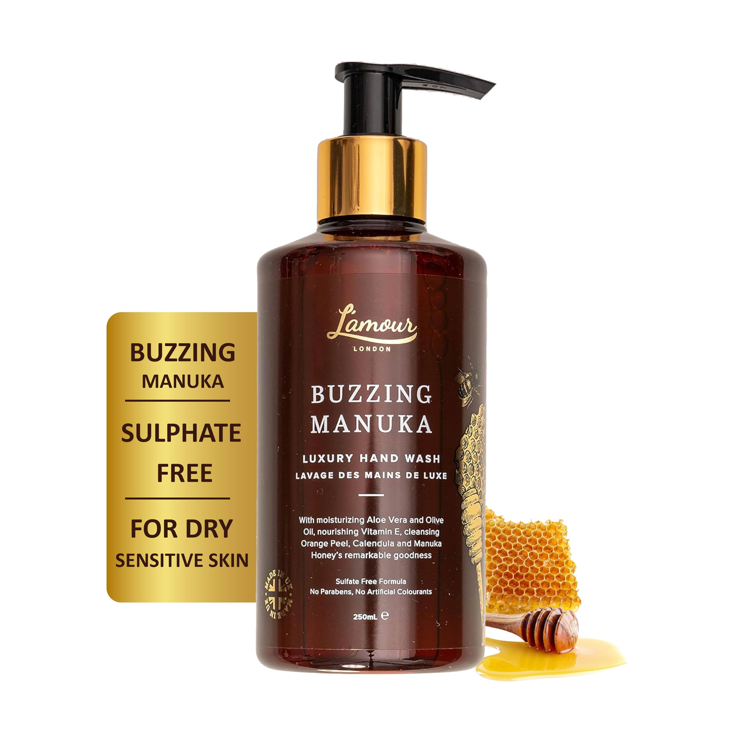 L'amour London Natural | Buzzing Manuka | Luxury Hand Wash | Essential Oils | Sulphate Free | Gentle for dry and sensitive skin | Rare Lather | Revolutionary | Protect skin barrier | 250mL
