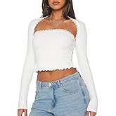 NODHUT Women's 2 Piece Lace Long Sleeve Tops Cute Ribbed Knit Bow Knot Lace Tube Top Sexy Slim Fit T Shirts