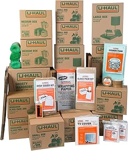 U-Haul Household Moving Kit - 36 Moving Boxes, 2 Wardrobe Boxes, 2 Dish and Glass Packing Kits, 2 Mattress Bags, Tape, and Assorted Packing Supplies