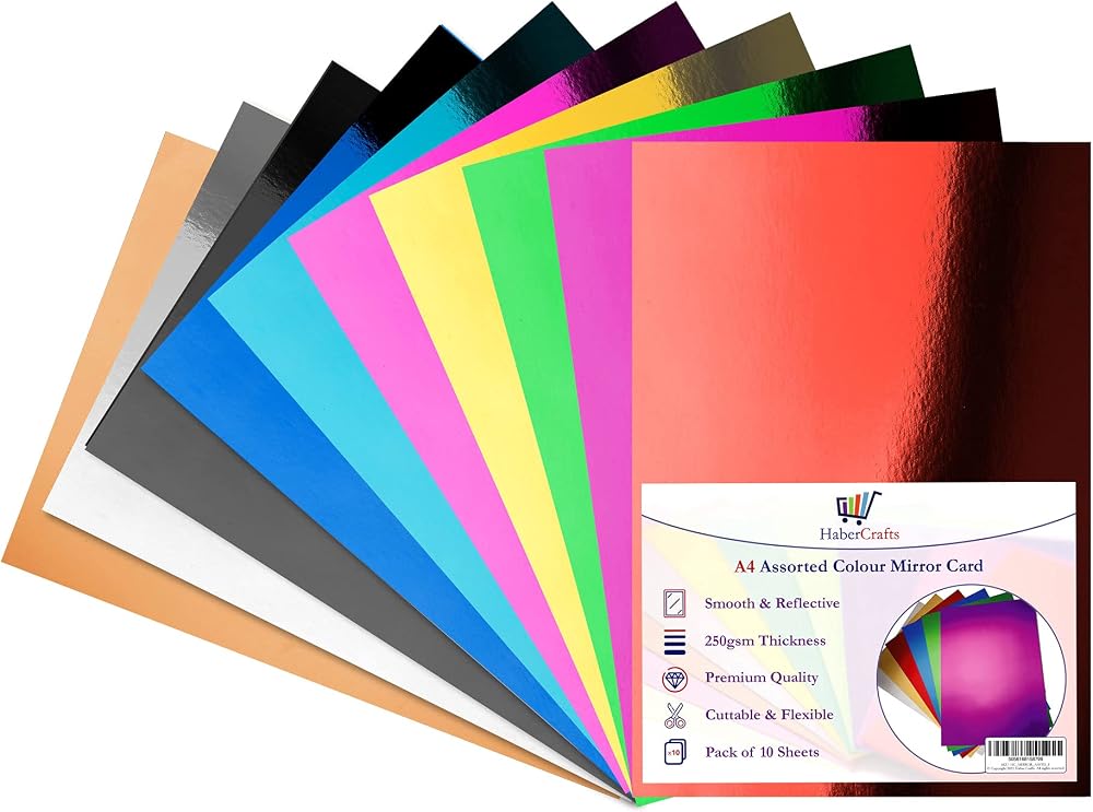 Habercrafts Assorted Colour Mirror Card A4 250gsm 10 Sheets 10 Colours