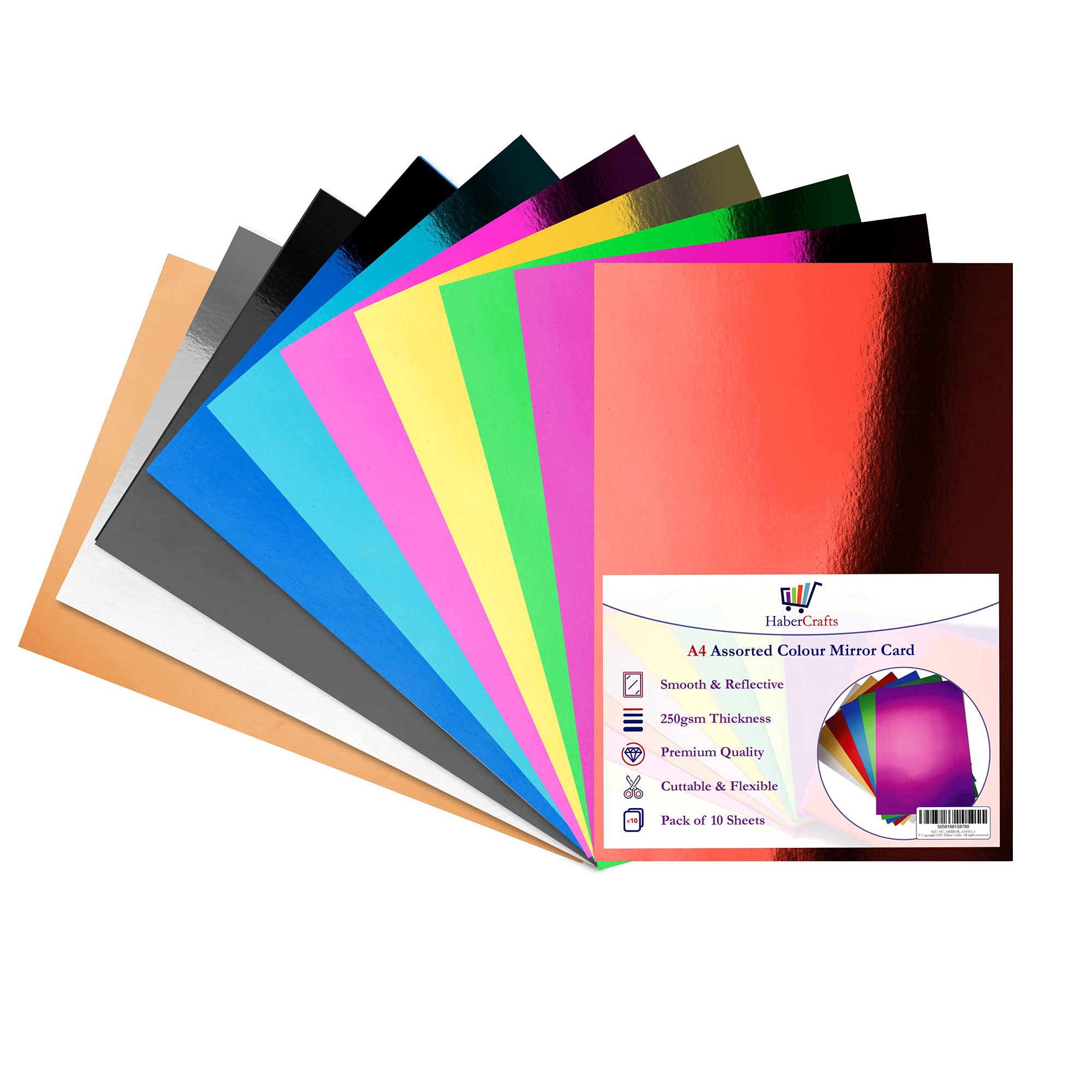 Assorted Colour Mirror Card A4 Coloured Metallic Mirror Board Thick 250gsm Card Shiny Sheets Mirror Foil Activity Craft Cardstock Reflective Shimmer Mirror Finish (10 Assorted Colours - 100 Sheets)