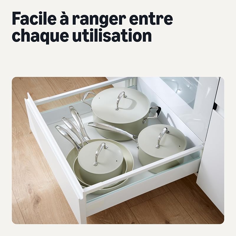 Lot de 8 Casseroles et Poêles Antiadhésives en Céramique, Compatible Lave-Vaisselle et Four, Compatible Tous Feux, Couleur Gris Lin