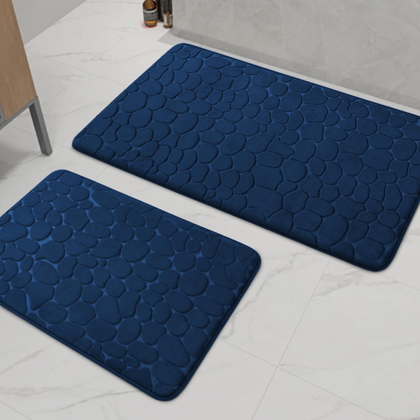 chakme Bathroom Rugs Sets 2 Pieces, Cobblestone Memory Foam Bathroom Mats Set Thick, Non-Slip Bath Mats for Bathroom, Absorbent, Washable, Dark Blue Bath Rugs for Tub, Toilet and Floor