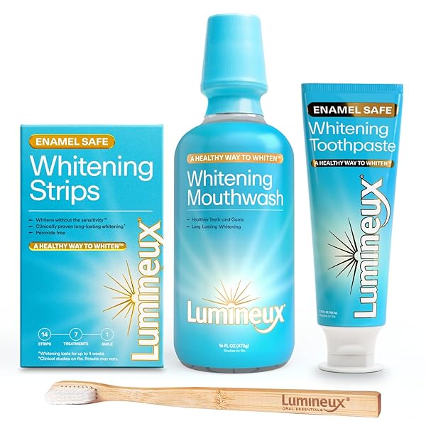 LUMINEUX TEETH WHITENING KIT PEROXIDE FREE FOR WHITER TEETH INCLUDES 7 WHITENING TREATMENTS, 1 MOUTHWASH, 1 TOOTHPASTE & 1 BAMBOO TOOTHBRUSH, DENTIST FORMULATED