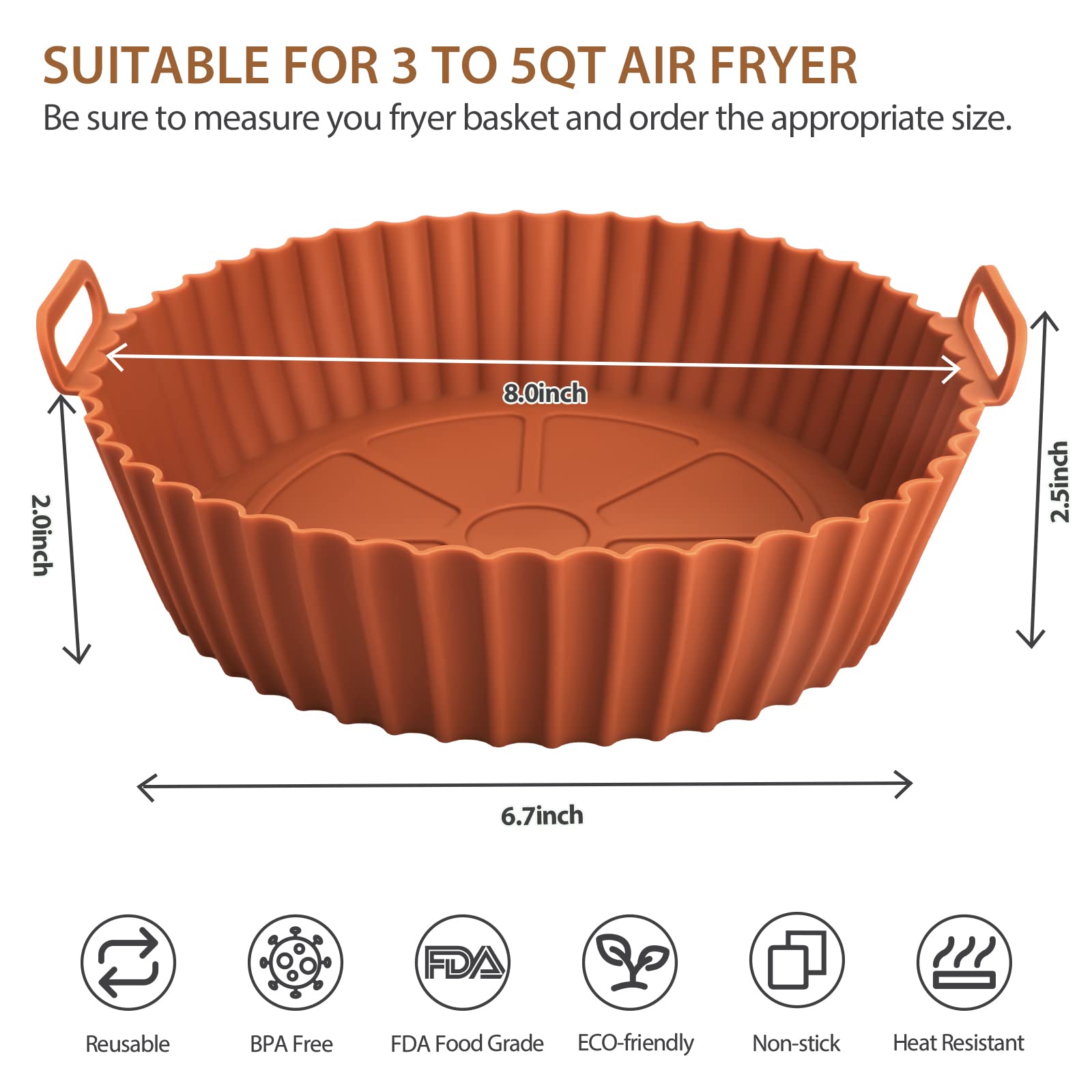 2 Pack Air Fryer Silicone Liners for Ninja, Reusable Silicone Bowl Basket Fit for 3 to 5QT Air Fryer, Replacement of Flammable Parchment Paper, Baking Tray Oven Accessories (Top 8in, Bottom 6.8in)