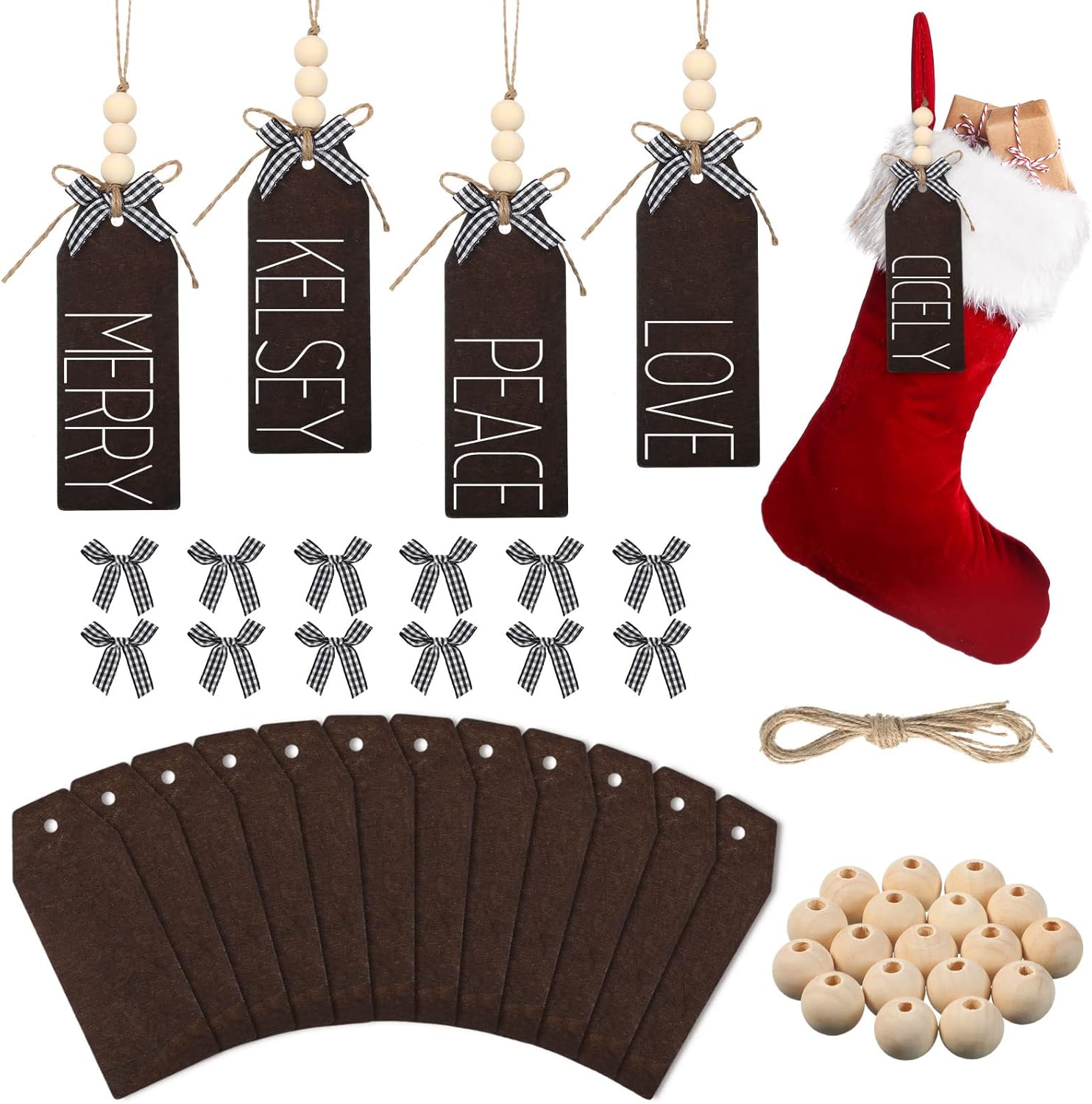 Stockings & Holders - Jetec Christmas Wood Stocking Name Tags DIY Stocking Signs Farmhouse Christmas Stocking Tag with Buffalo Check Bows for Christmas Closet Christmas Stockings Decoration (Dark Color,12 Pieces)