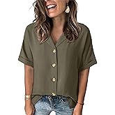 Dokotoo Women's Dressy Casual V Neck Short Sleeve Button Down Shirts Relaxed Work Business Loose Blouses Tops