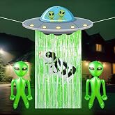 Yiaoyinnz Alien Door Curtain with Foil Fringe Tinsel Party Decorations | 100% Durable Polyester Banner Backdrop,Green Foil Fringe Tinsel,Alien Cow Balloons,Outer Space Decor,Halloween Decorations