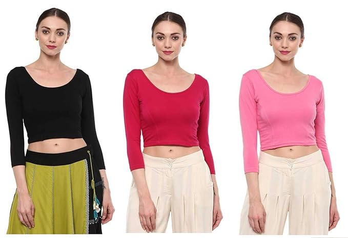 Women's Cotton Readymade Saree Blouse Stretchable Crop Top Choli Pack of 3