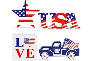 JENFALL 4th of July Decor Patriotic Decorations 4Pcs Wooden Star USA LOVE Car Sign Fourth of July Table Decorations Memorial Day Red White and Blue Decor