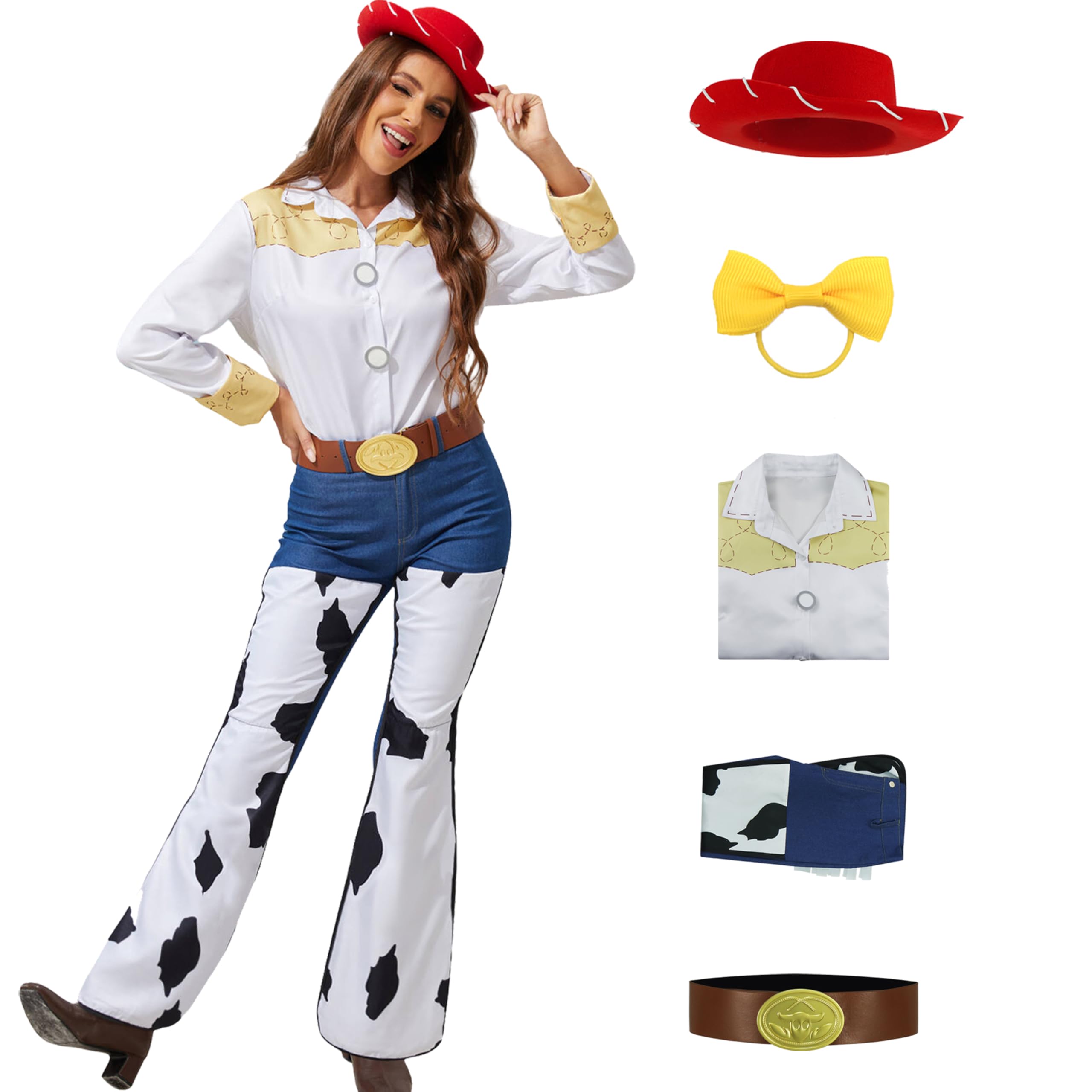 Photo 1 of PAINEOMN Jessie Costume Women Toy Cowgirl Story Cosplay Jessie Hat Shirt Jeans Belt Bow Set Cow Print Pants Halloween Outfits 2XL
