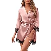 ESKTJH Women's Silk Robe Short Sexy Lace Bride Party Satin Bathrobe Kimono Sleepwear