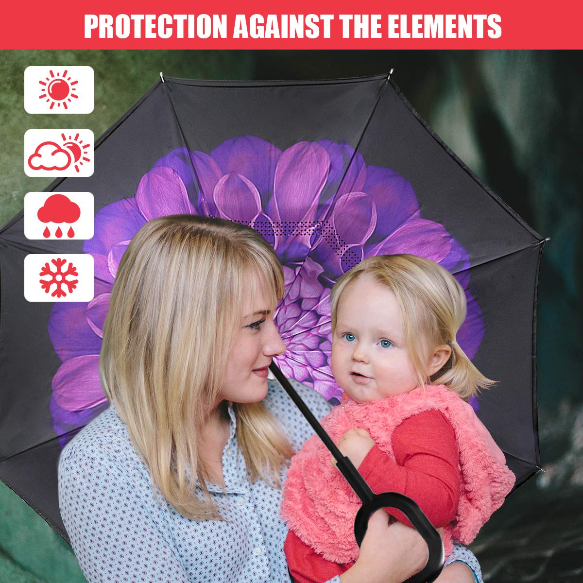 Monstleo Double Layer Inverted Umbrella Cars Reverse Umbrella, Windproof UV Protection Big Straight Umbrella for Car Rain Outdoor With C-Shaped Handle and Carrying Bag