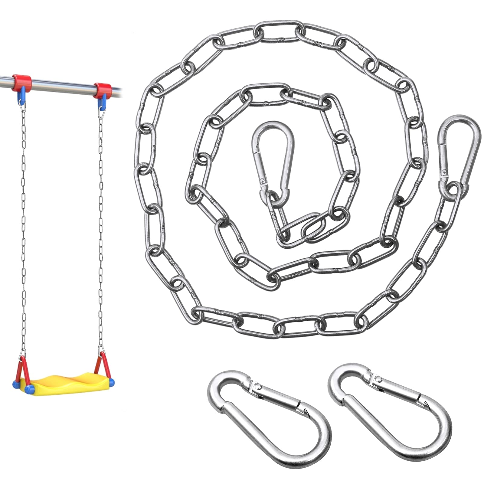 yeestone Heavy Duty Chain, 1m Metal Chain, Stainless Steel Chain with 2 Carabiners, Galvanised Chain for Swing, Bird Feeders, Billboards, Gate, Bin(Silver)