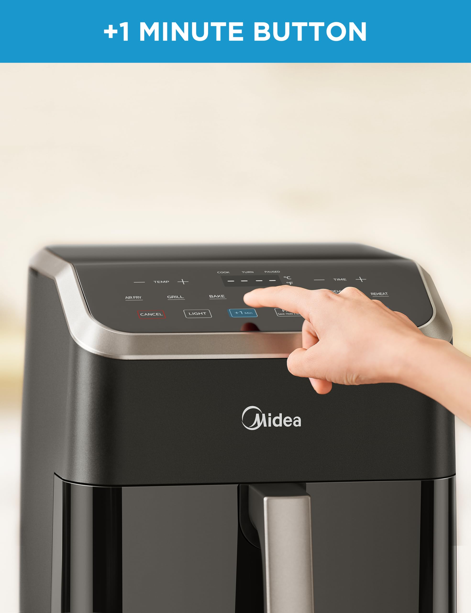 Freidora de aire Midea de 5,5 cuartos con ventana transparente, tecnología Heatexpress Rapid Air y 9 menús preestablecidos para comidas rápidas y fáciles