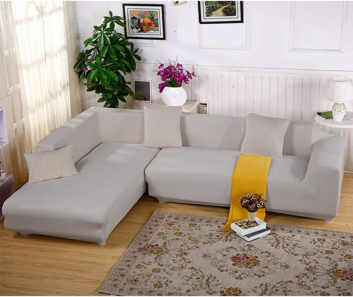 CAVEEN Sand Sofa Slipcover Elastic Sofa Cover Sets L Shape Stretch Furniture Cover Pet Dog Sectional/Corner Couch Covers L-type flexible sofa cover 3-seat +3 seat Grey