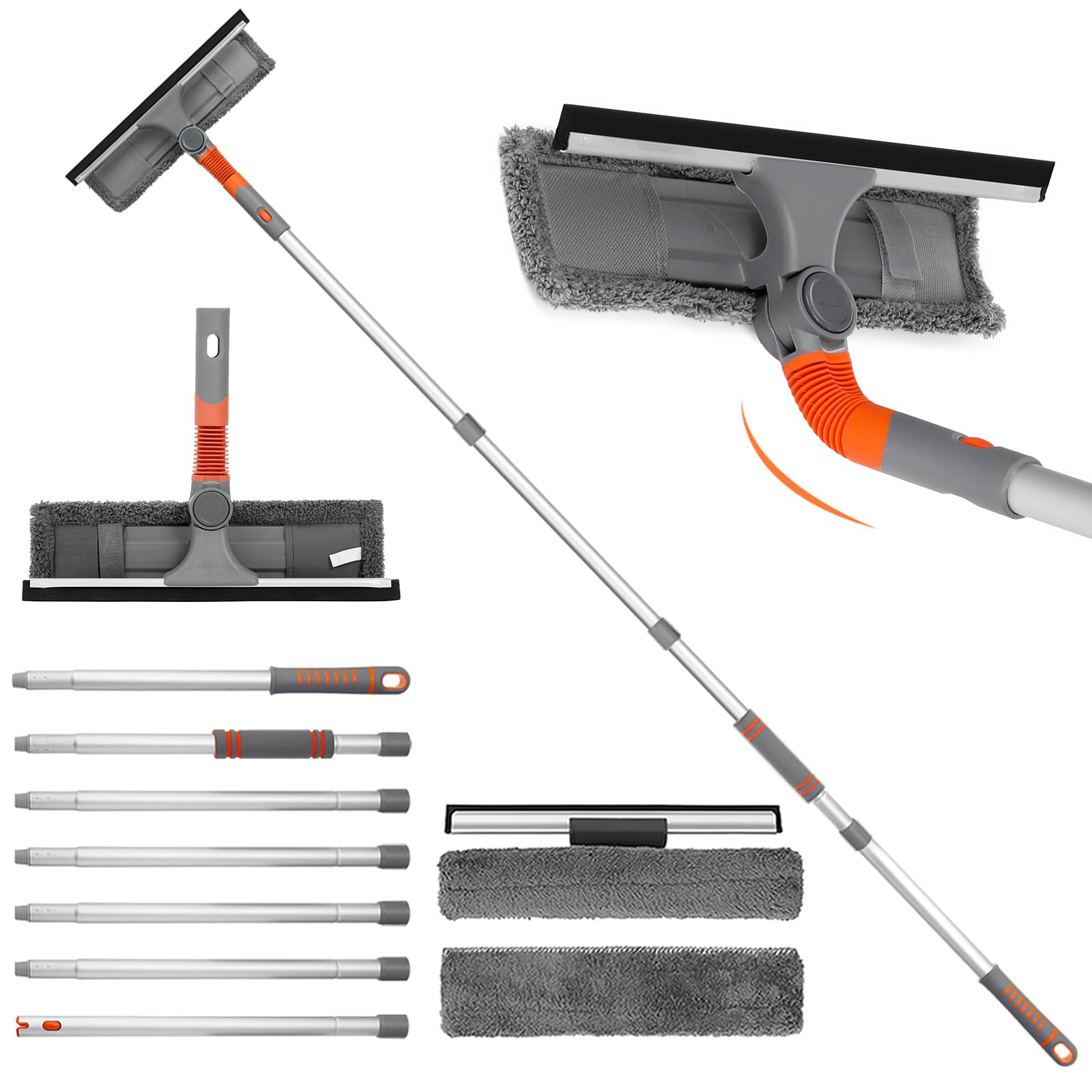 Extendable Window Cleaning Kit, 260CM Telescopic Window Cleaning Equipment, Window Cleaning Pole with Bendable Head for High Window, Long Reach Window Squeegee Cleaner with 7 Extension Pole