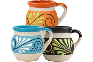 Five Brothers Products Mexican Coffee Mugs 12 oz, Pack of 3 - Blue, Black, Orange - Artisan Mexican Clay Mugs - Tazas de Barr