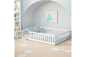 Lyngins Full Size Floor Bed, Toddler Floor Bed Frame with High Guardrails, Solid Wood Montessori Beds Full with Support Slats, Fence and Door for Kids, Boys or Girls - White
