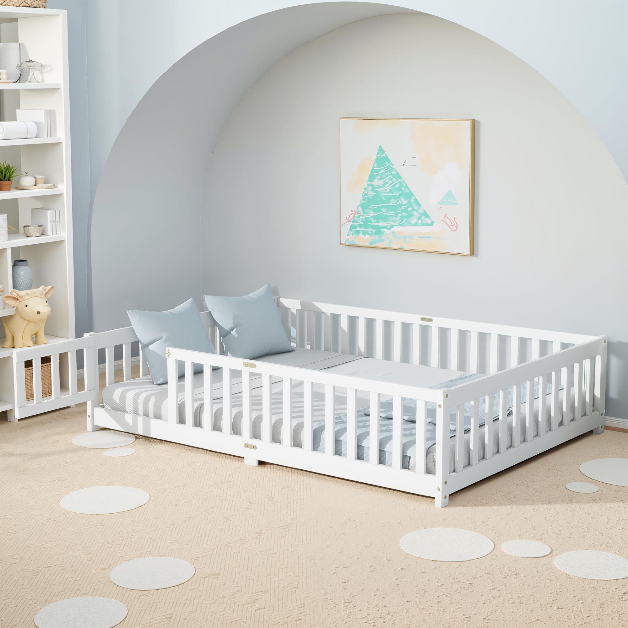 Photo 1 of ***SEE CLERK COMMENTS*** Lyngins Full Size Floor Bed, Toddler Floor Bed Frame with High Guardrails, Solid Wood Montessori Beds Full with Support Slats, Fence and Door for Kids, Boys or Girls - White
