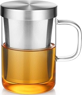 ecooe 500ml(volle Kapazität) Glas Tasse mit Edelstahl sieb und Deckel Teeglas Teebecher aus Borosilikat Teetasse