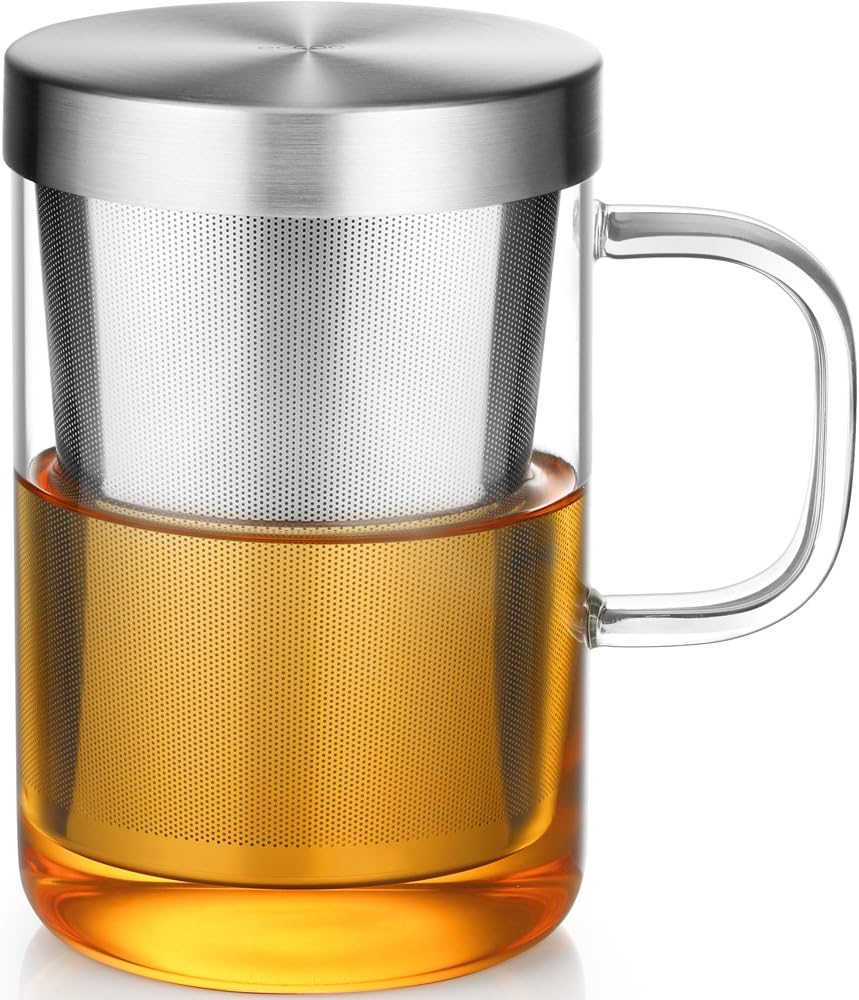ecooe 500ml(volle Kapazität) Glas Tasse mit Edelstahl sieb und Deckel Teeglas Teebecher aus Borosilikat Teetasse