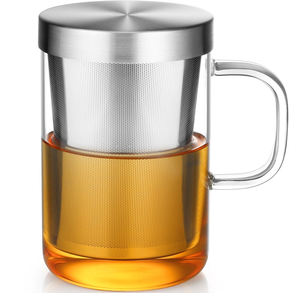 ecooe 500 ml(Full Capacity) Tea Cup Borosilicate Glass Tea Mug with Silver Stainless Steel Infuser and Lid, Glass Tea Cup with Handle for Brewing Loose Leaf Tea, Milk, Juice in Home or Office