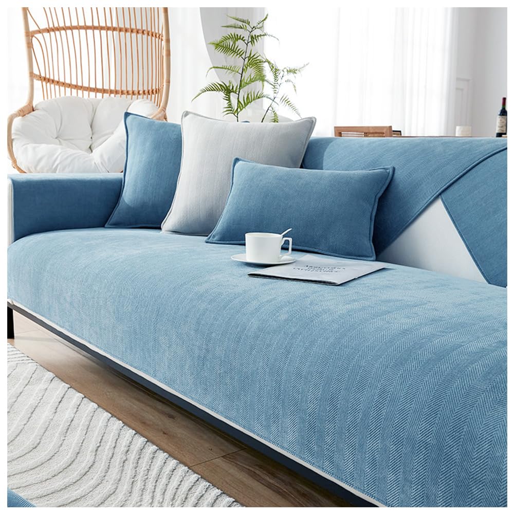 NUODWELL Herringbone Chenille Sofa Cover 1/2/3/4 Seater, Furniture Protector Couch Cover Universal Non-Slip L Shape Couch Cover Quilted Corner Slipcovers for Living Room (Lake Blue, 90 * 120cm)