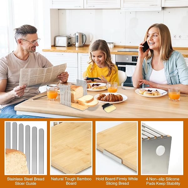 TKVAZK BREAD SLICER, STAINLESS STEEL BREAD SLICER FOR HOMEMADE SOURDOUGH BREAD, MANUAL BREAD SLICERS BREAD CUTTER WITH TOUGH BAMBOO CUTTING BOARD WITHOUT WORRY PLASTIC & WOOD SHAVING(NO KNIFE)