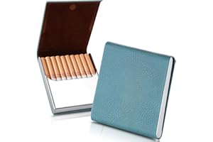 ZHOMA Portable Slim Leather Cigarette Case with Magnetic, Metal Cigarette Carrying Box for Hold 10 Regular Size Cigarettes, One-Hand Ultra-Thin Operate Cigarette Pocket for Men and Women -Cyan