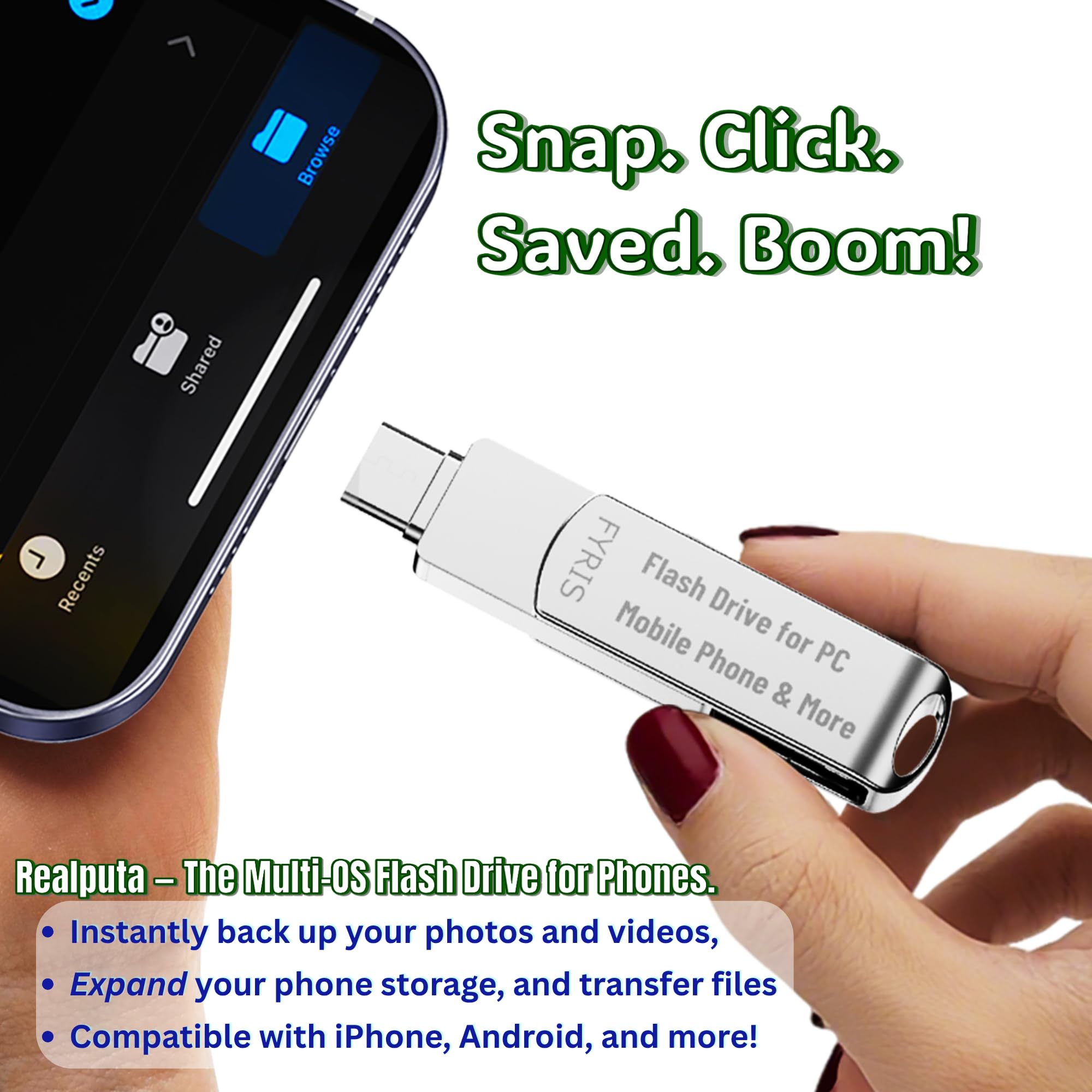 iPhone USB Storage Flash Drive 256GB – FYRIS 3-in-1 MFi Certified Backup Drive for Android, iPad, Mac & PC – Lightning & USB-C – No App Needed (Thorns)