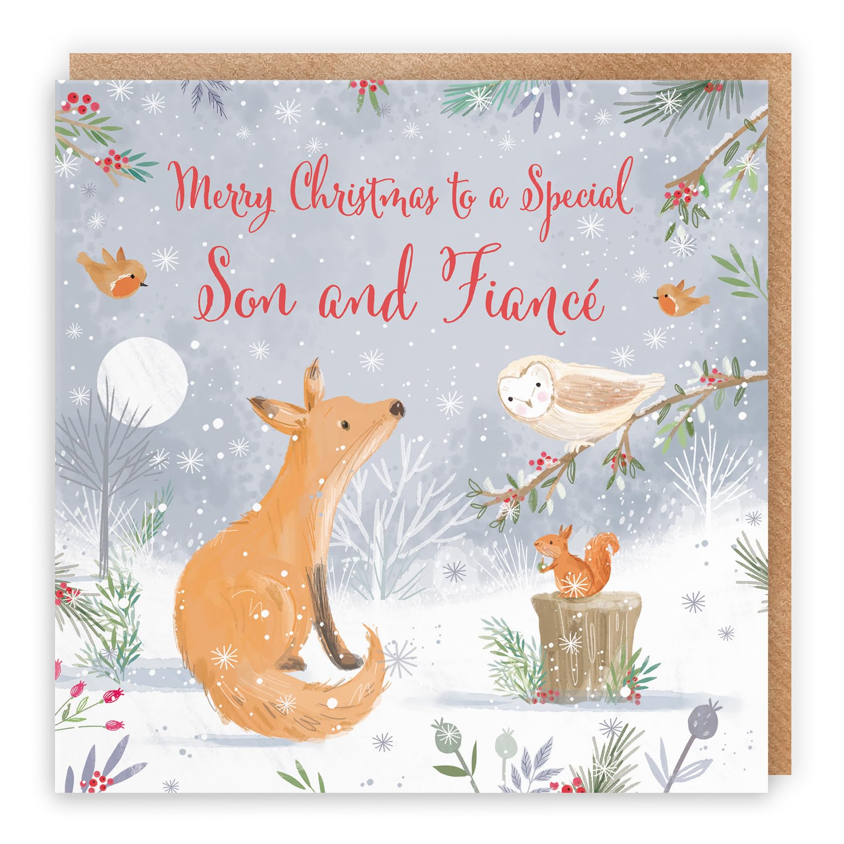 Hunts England - Son And Fiancé Cute Fox Christmas Card - Nature's Treasures - Happy Animal Wildlife Cute Fun Merry Xmas Card - Robin, Owl, Squirrel - From Mum, Dad, Parents