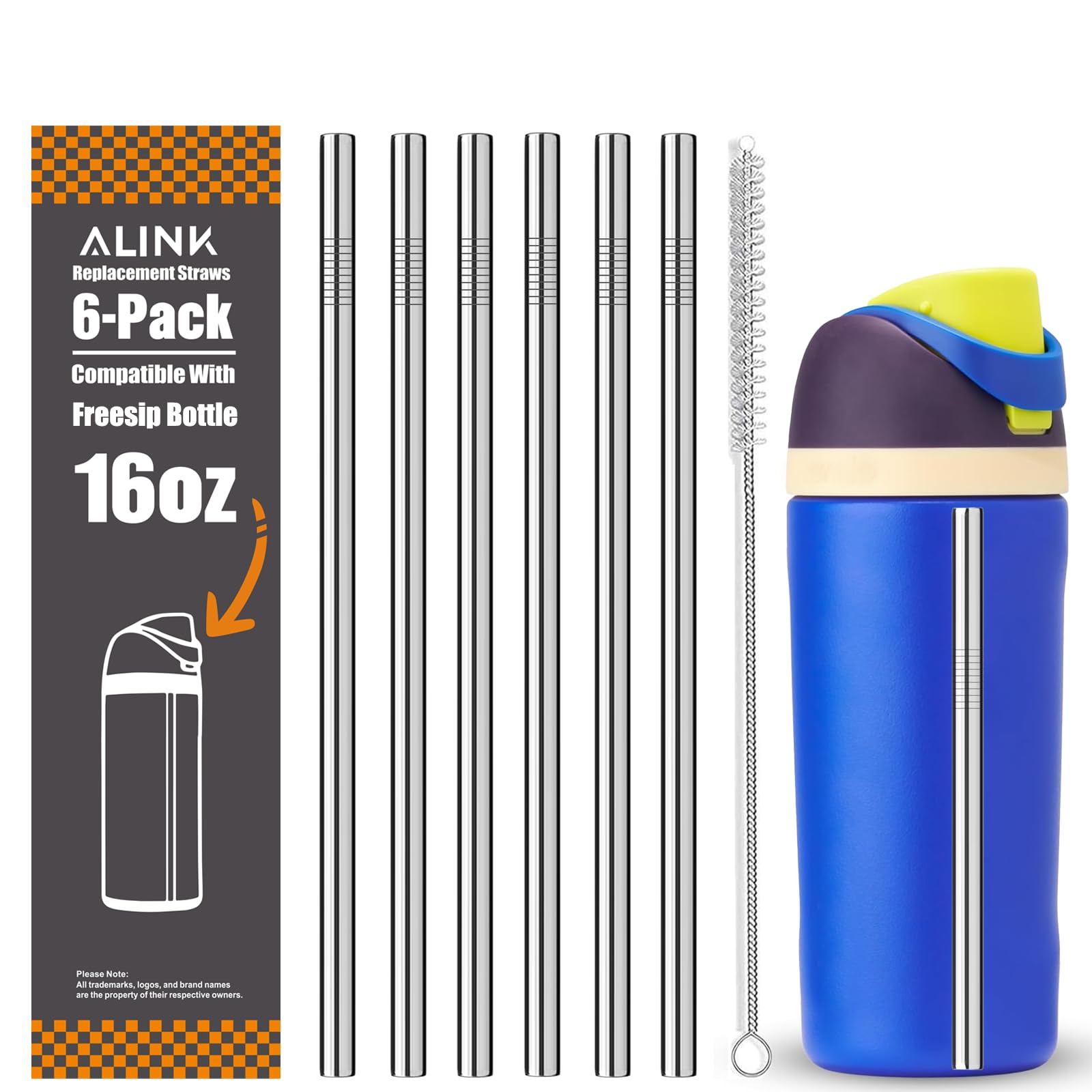 Photo 1 of ALINK Stainless Steel Straws for 16oz Owala FreeSip Insulated Water Bottle, 6 Pack Reusable Metal Replacement Straws Compatible With 16oz Owala Freesip Cup Lid Only, Plus Straw Brush, Dishwasher Safe
