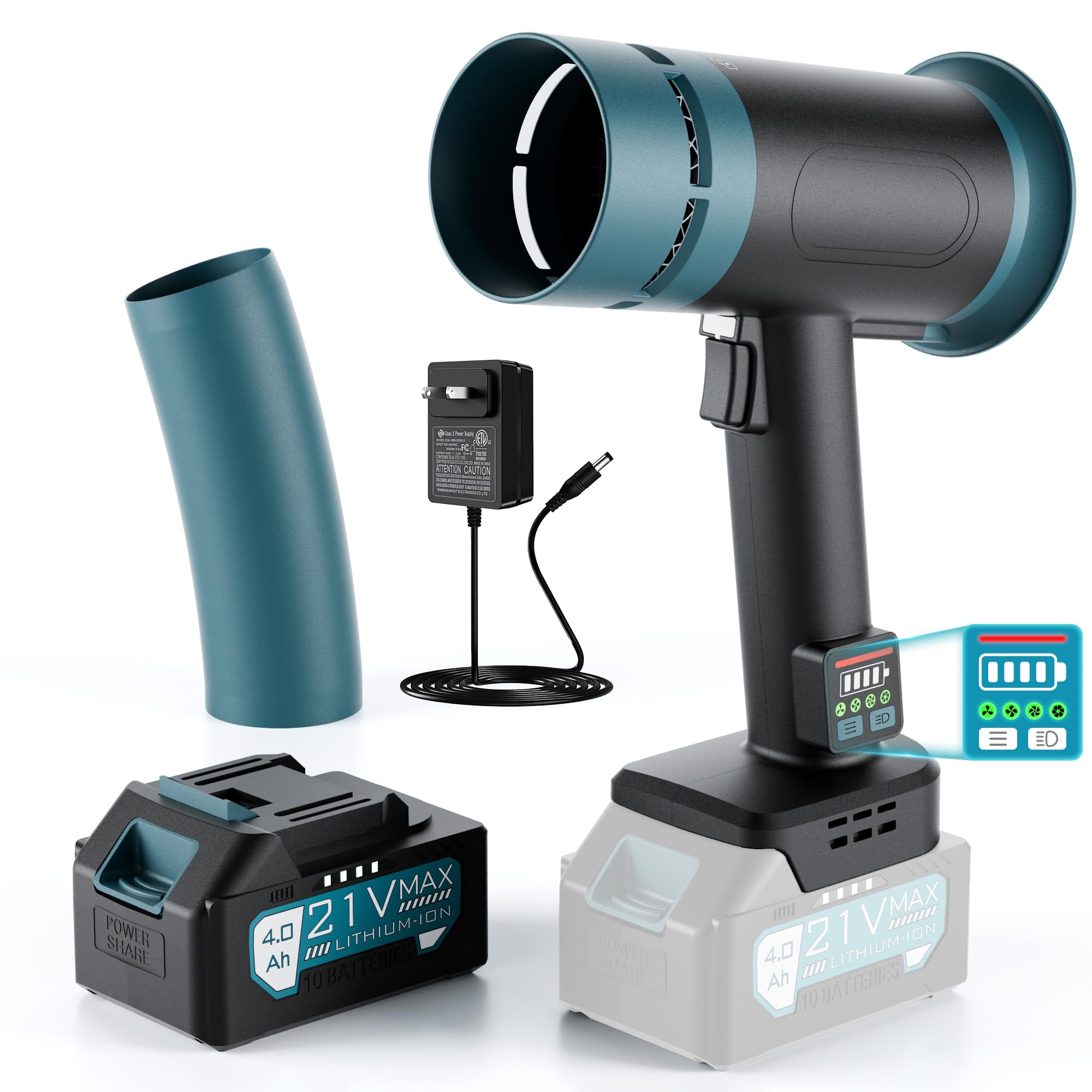 Photo 1 of Hamos Powerful Car Dryer Air Blower, 670CFM Airflow, 4-Speed, 4Lb Max Thrust, 4.0Ah Battery and Charger, 2 Extended Tube & LED, Super Electric Leaf Blower for Car/Lawn/Garage/Patio/Yard (Dark Black)