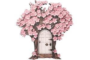 VIVIANYO HD Mini Fairy Garden Door for Tree 3D Wooden Fairy Garden Accessories 3.9 Inch Pink Cherry Blossom Trees Door Sculpture Art Ornaments Micro Landscape Gate Decoration (N)