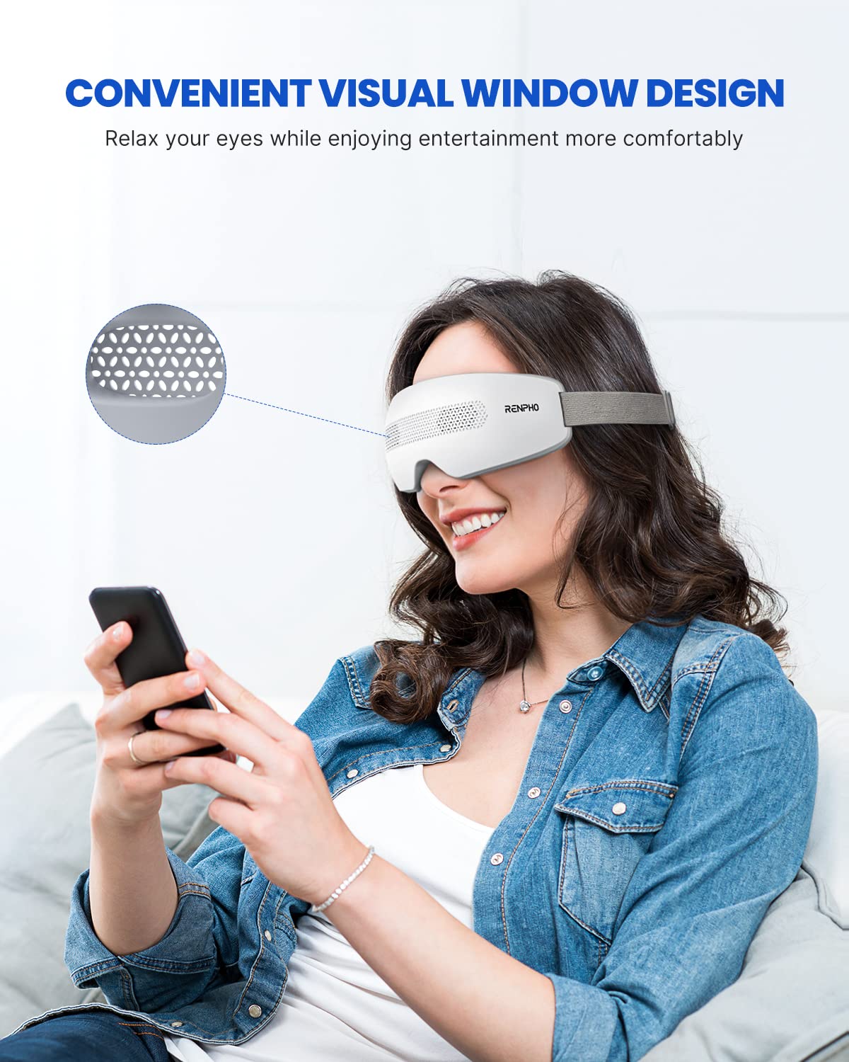 RENPHO Eye Massager for Migraines with Bluetooth Music, Vision Window, 16 Silicone Nodes, True View Finger Eye Mask Massage for Eye Relax, Reduce Eye Strain, Dark Circles, Improve Sleep