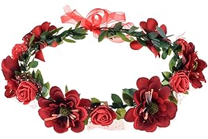June Bloomy Rose Flower Leave Crown Bridal Halo Headband with Adjustable Ribbon (Red)