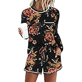DouBCQ Women's Pajama Sets 2 Piece Long Sleeve Top and Shorts Crewneck Lounge Wear Soft Pjs with Pockets Brown Floral Black XL