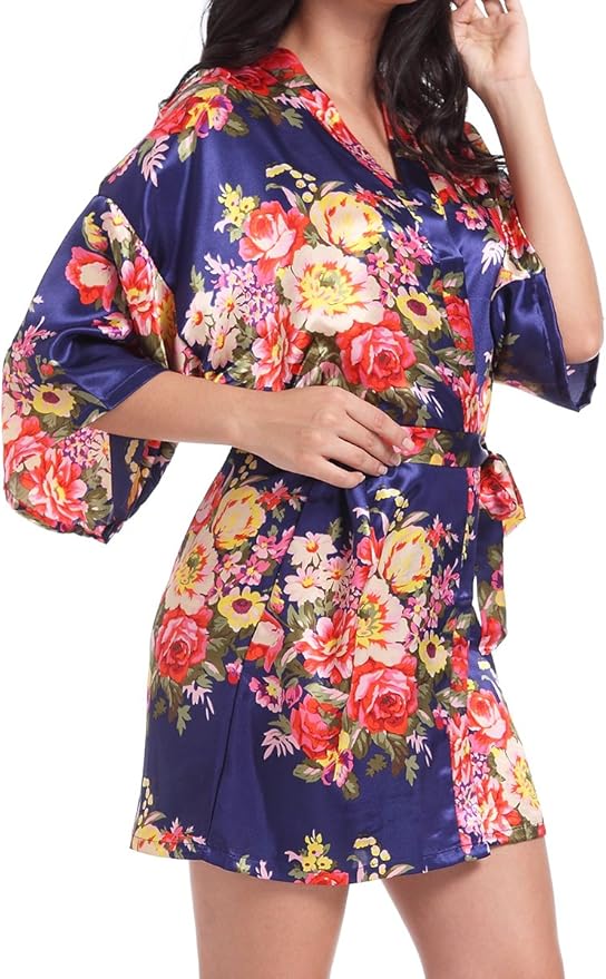 DFdeals Women's Satin Floral Robes for Bride and Bridesmaid Wedding Party Kimono Silk Robes