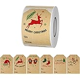 300 Pcs Christmas Stickers,2 * 3 Inch Christmas Label,6 Designs of Christmas Tags Stickers,Kraft Paper Christmas Tags