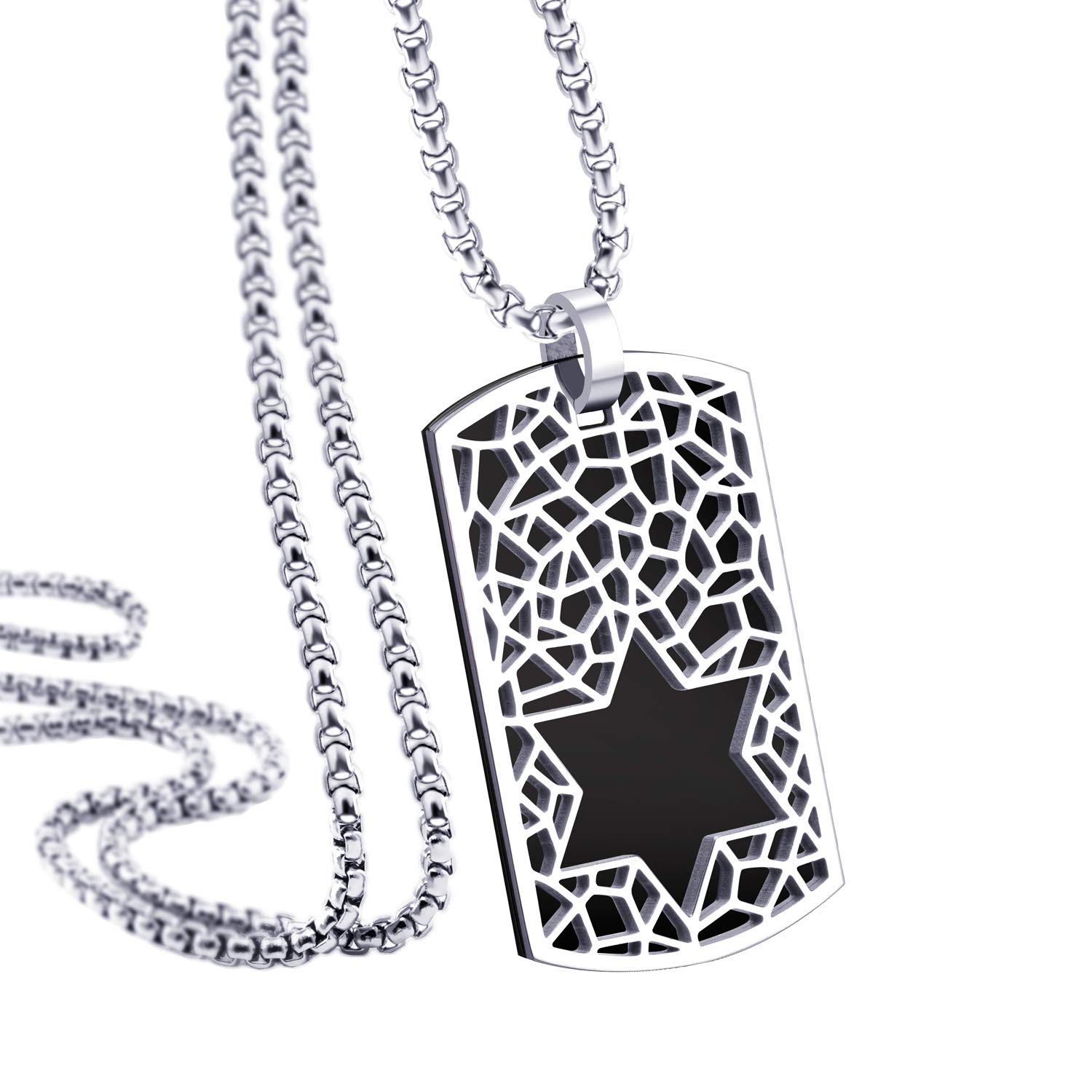 555Jewelry Stainless Steel Star of David Necklace for Men, Box Chain Patterned Star Of David Necklace for Women, Dog Tag Star of David Necklace, Mens Jewish Star Necklace, 22 Inch, Silver & Black