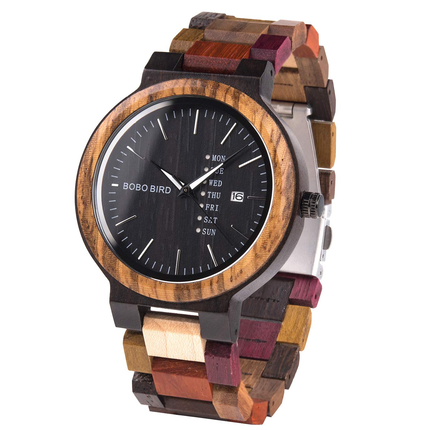 GUANKE Men Wooden Watches Colorful Bamboo Watches Week & Date Display Quartz Couples Watches Handmade Casual Multifunction Wood Wristwatch for Men, Colorful Wood Band, Zebra wood, Fashion